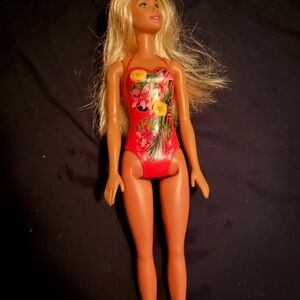 Barbie Red Floral Swimsuit with Yellow & Green Accents